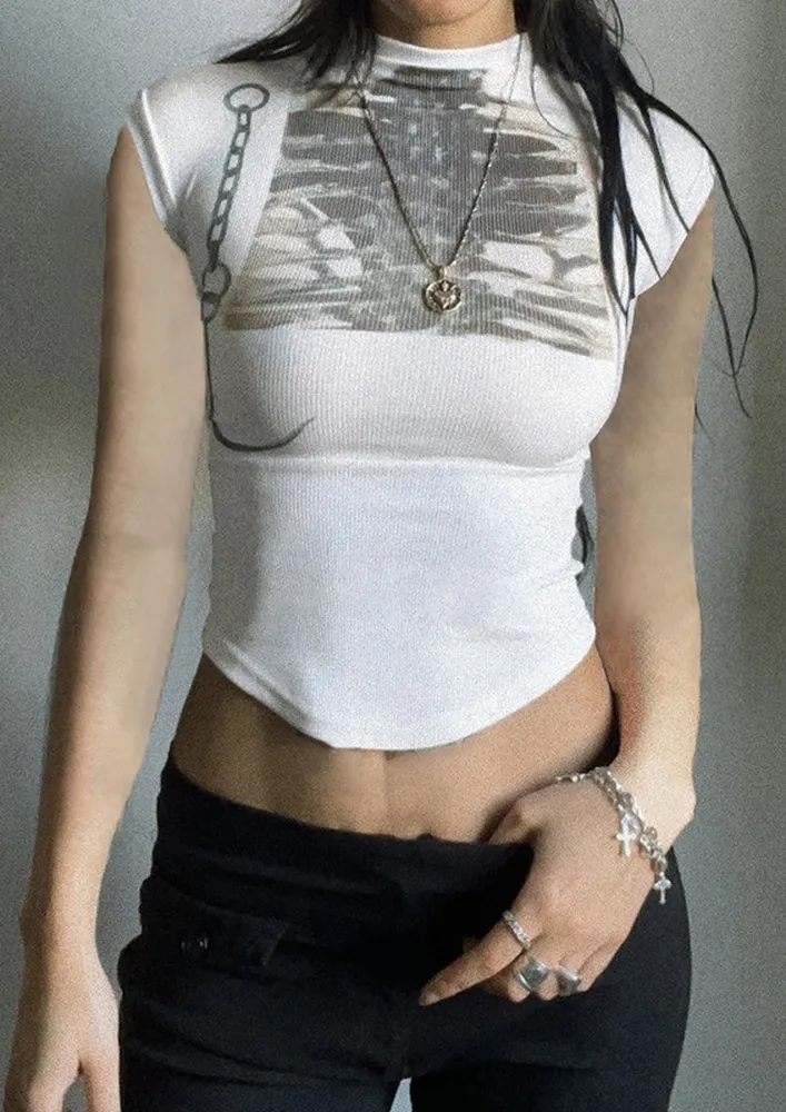 White Printed Mock Neck Ribbed Tee
