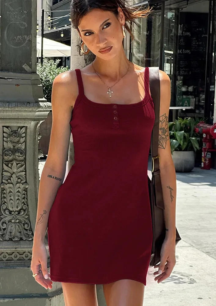 Red Button-placket Strappy Dress