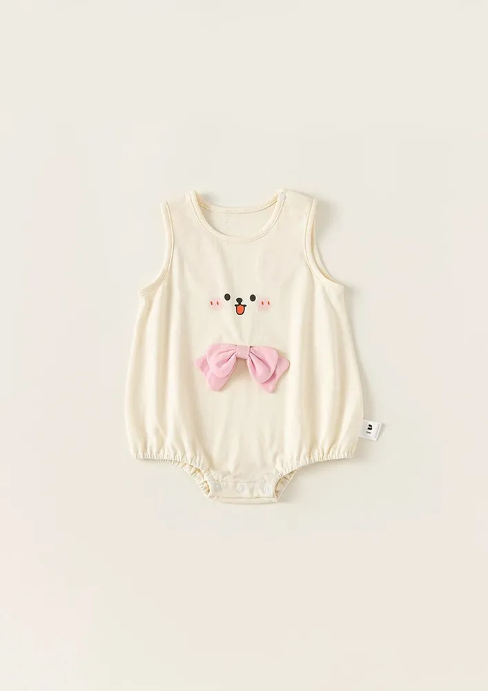 Beige Girls Bow Applique Onesie