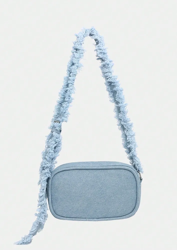 BLUE FRAYED-STRAP DENIM BAG