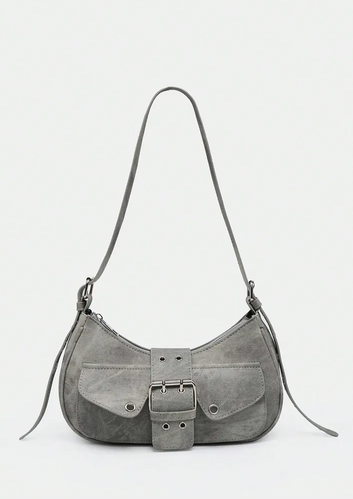 GREY TEXTURED FLAP FRONT SHOULDER BAG