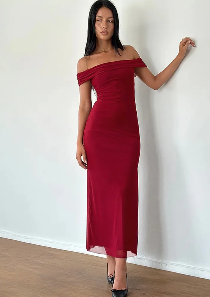 Claret Off-shoulder Ruched Midi Dress