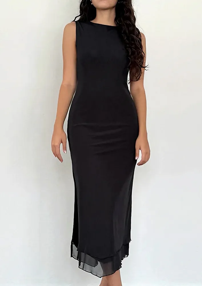 Side Slit Black Boat Neck Dress