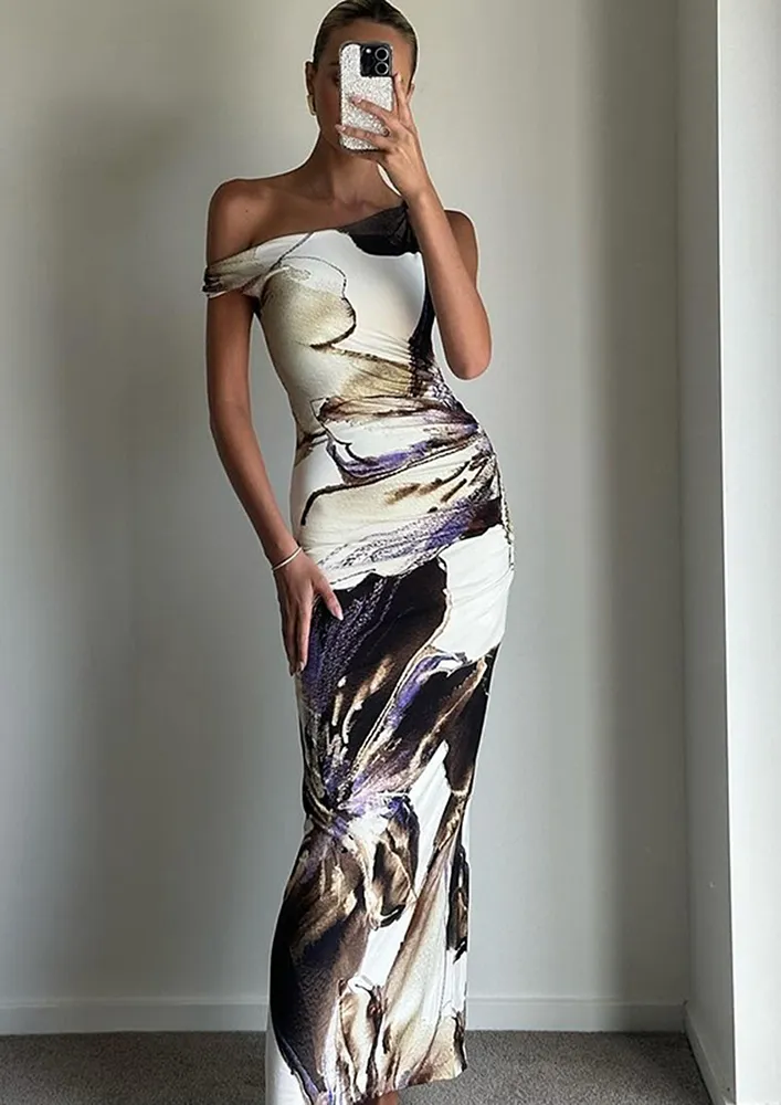 Printed Asymmetric Neckline Maxi Dress