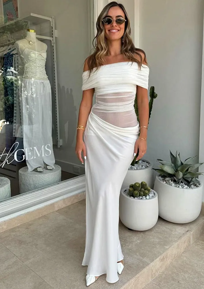 White Ruched Off-shoulder Maxi Dress