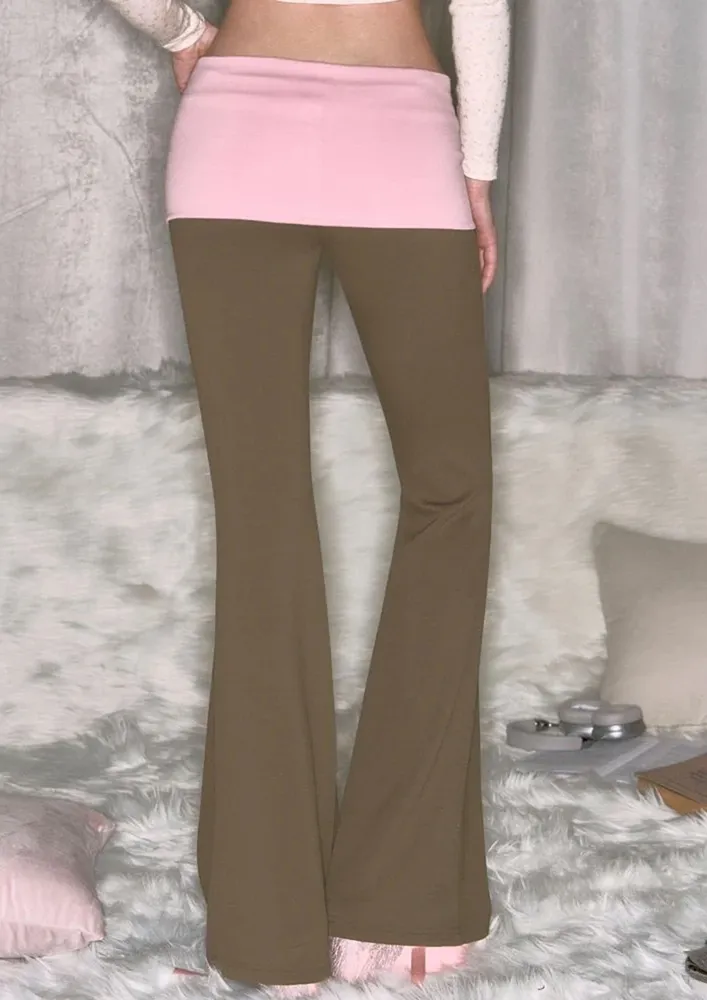 Contrasting Brown Pink Flare Pants