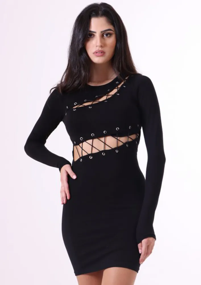 Black Lace-up & Cut-out Detail Dress