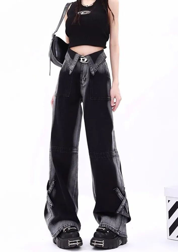 Black Flap-over Y2k Dyed Jeans