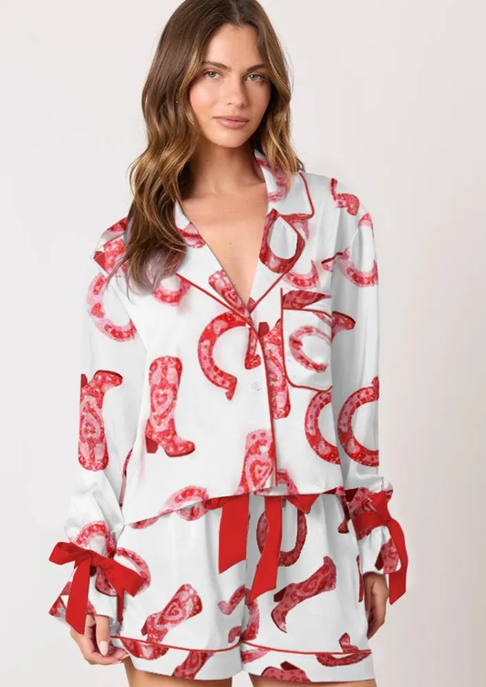 Red Bow-knot Motif Print Nightwear Shirt & Shorts