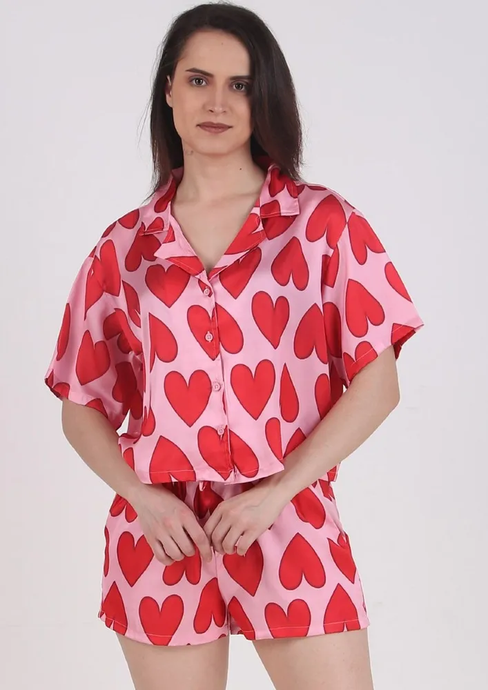 Heart-motif Pattern Nightwear Shirt & Shorts