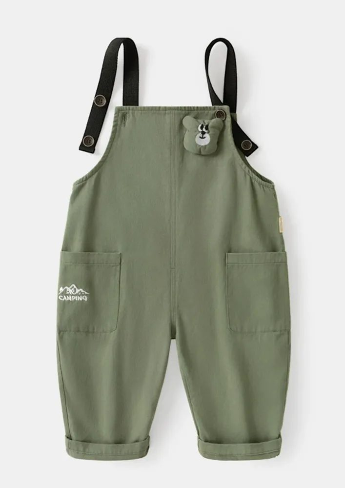 Unisex Kidswear Green Front-pocketed Dungaree