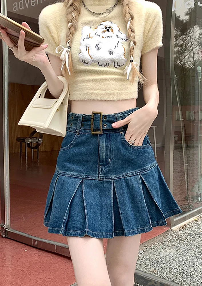 Blue Denim Skater Skirt With Buckle Belt