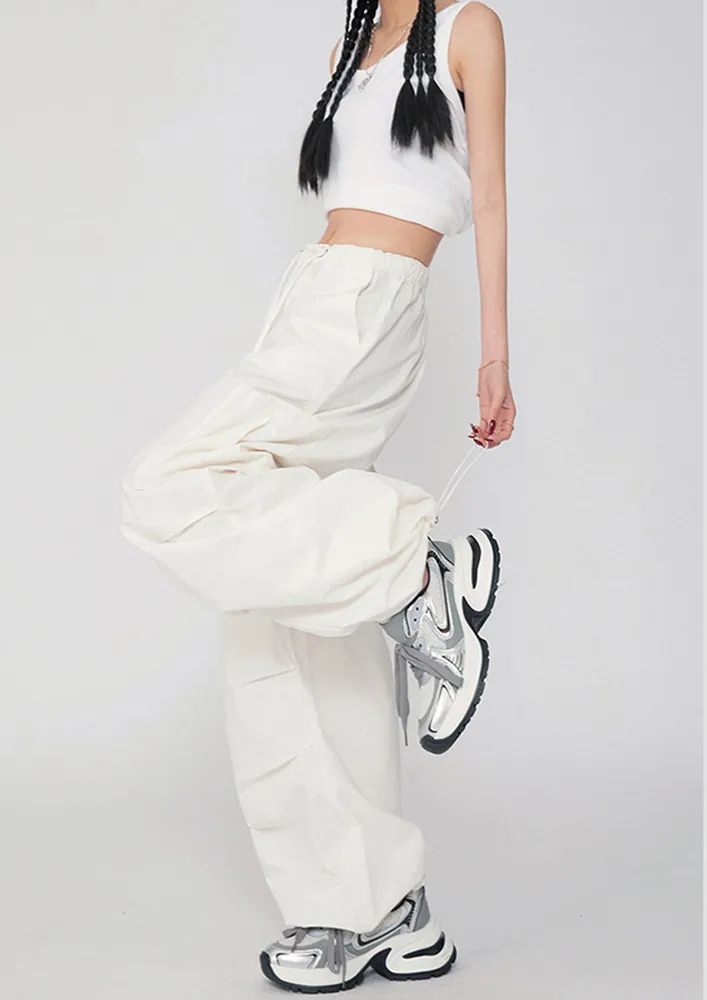 White Regular Waist Baggy Parachute Pants