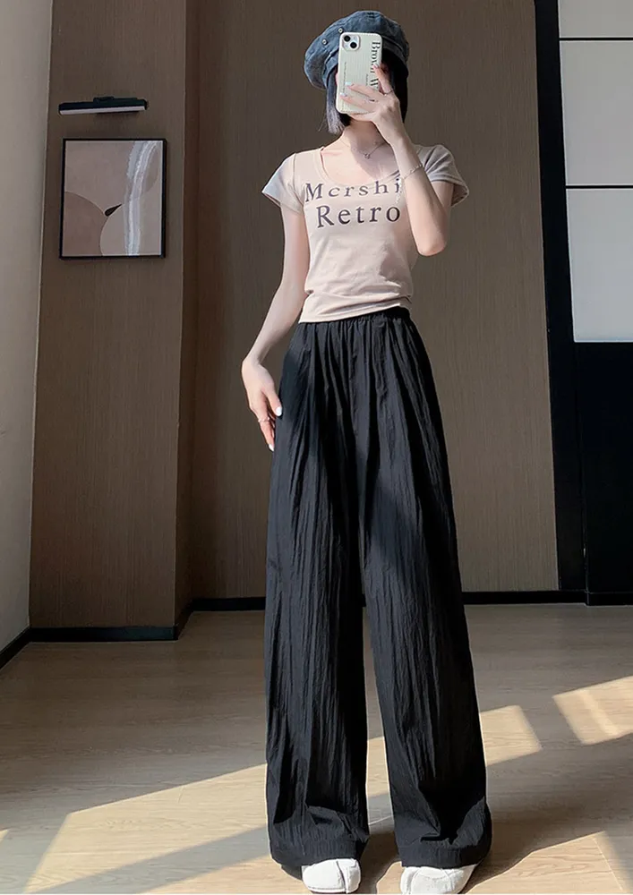 Black High-rise Wide Crinkle-effect Pants