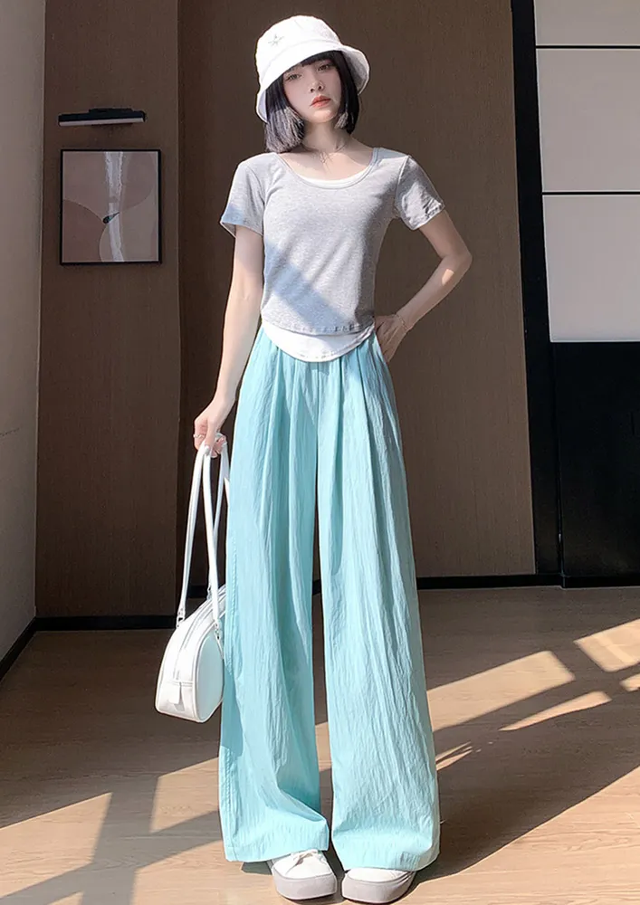 Blue High-rise Wide Crinkle-effect Pants