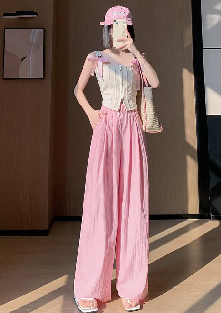 Pink High-rise Wide Crinkle-effect Pants