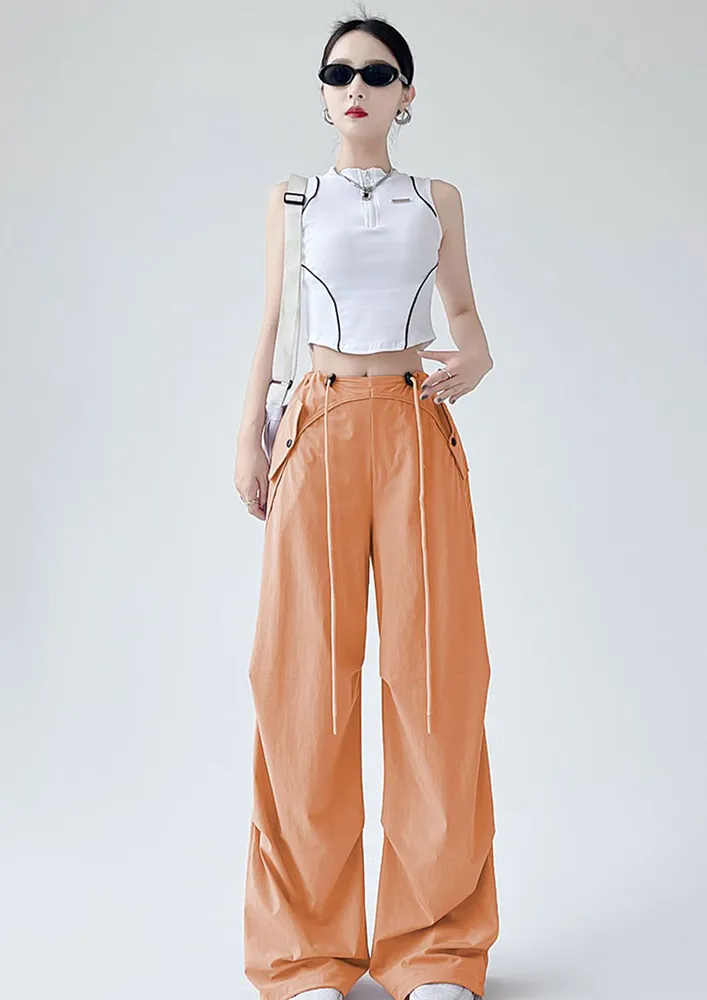 Orange Pleated Fold-over Detail Parachute Pants