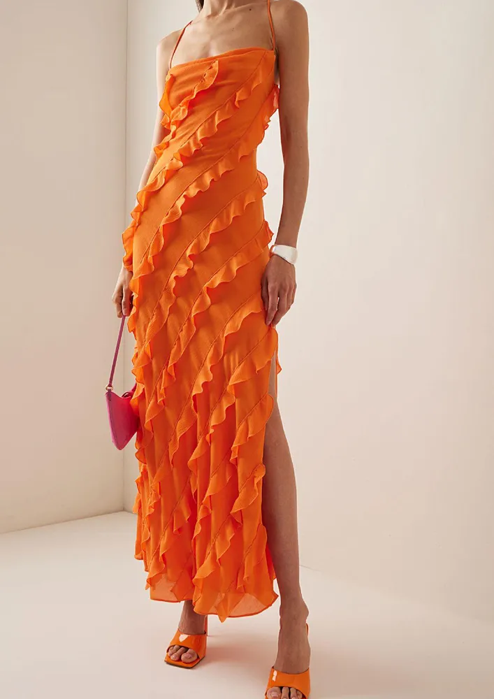 ORANGE RUFFLED BACKLESS LACE-UP MAXI DRESS