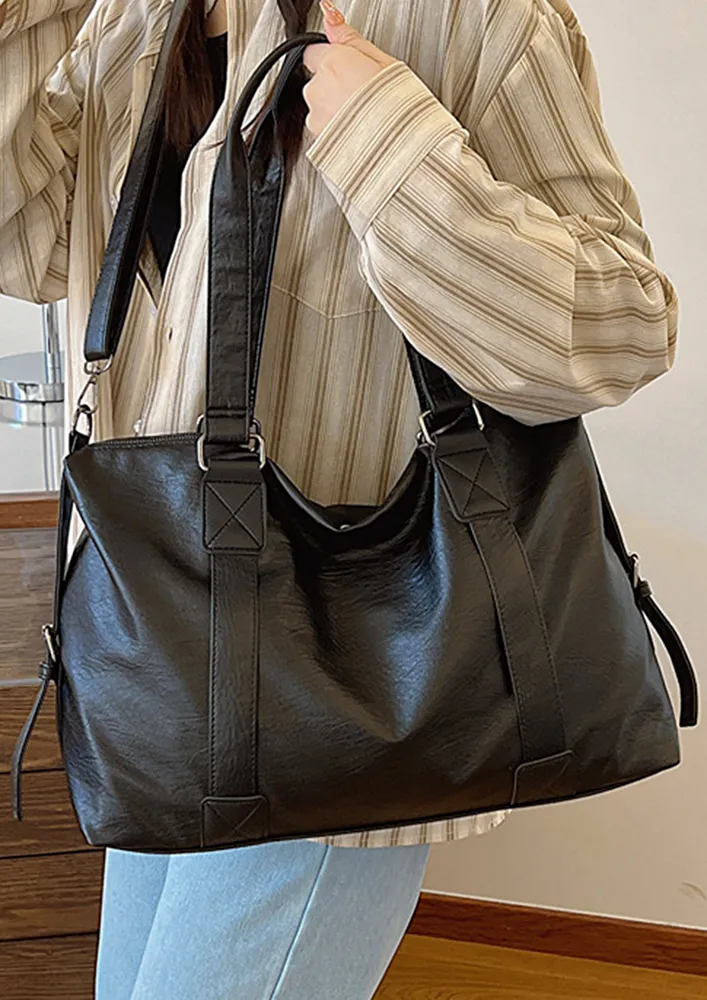 BLACK TEXTURED PU LEATHER TOTE BAG