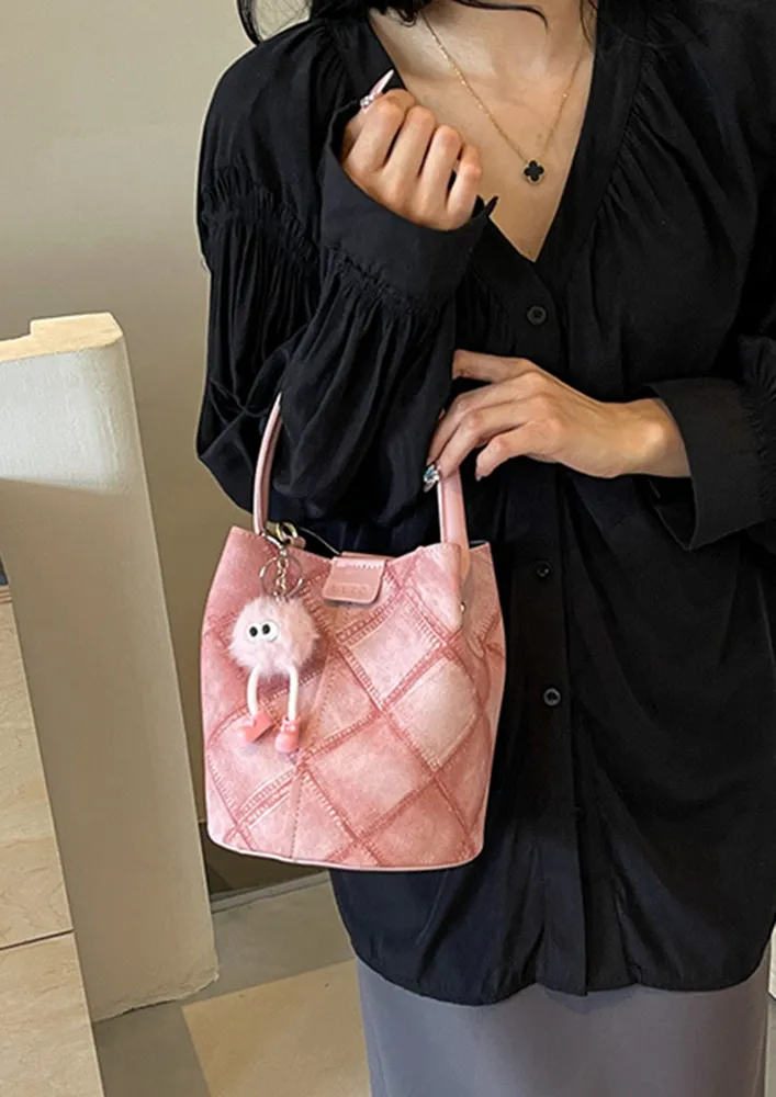 DENIM PRINT PINK BUCKET BAG