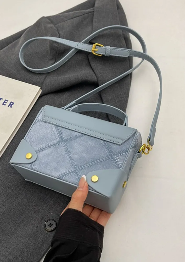 BLUE DENIM-EFFECT GEOMETRIC CROSSBODY BAG