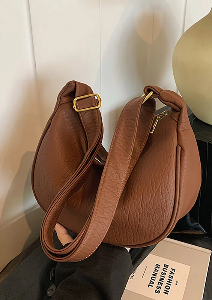 BROWN PU TEXTURED GEOMETRIC CROSSBODY BAG