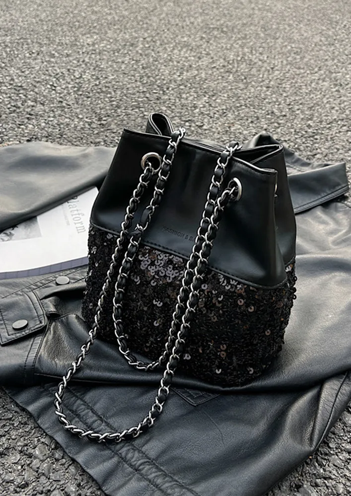 BLACK PU LEATHER SEQUINNED BUCKET BAG