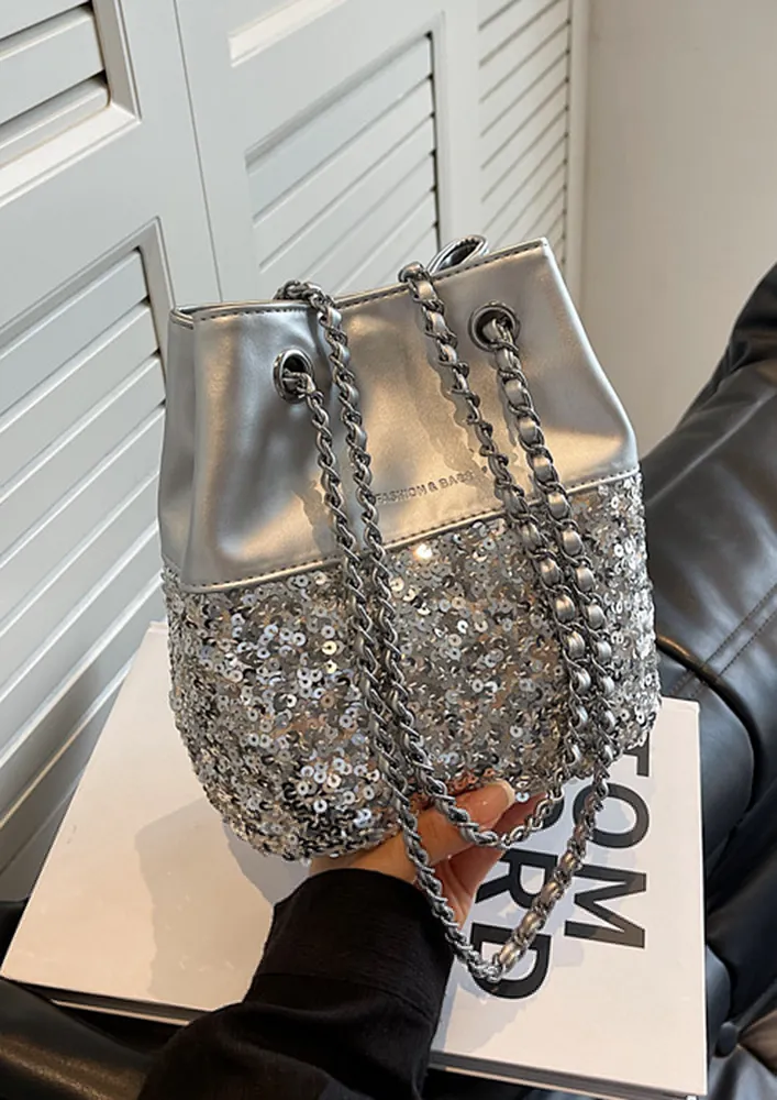 SILVER PU LEATHER SEQUINNED BUCKET BAG