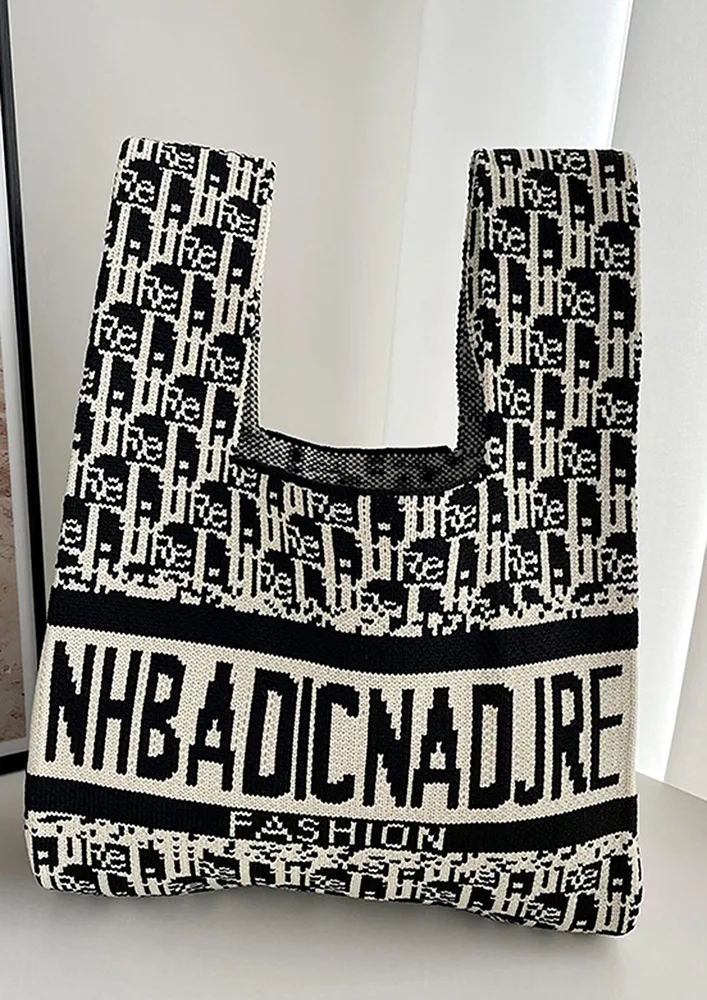 PRINTED BLACK & WHITE POLYESTER HANDBAG