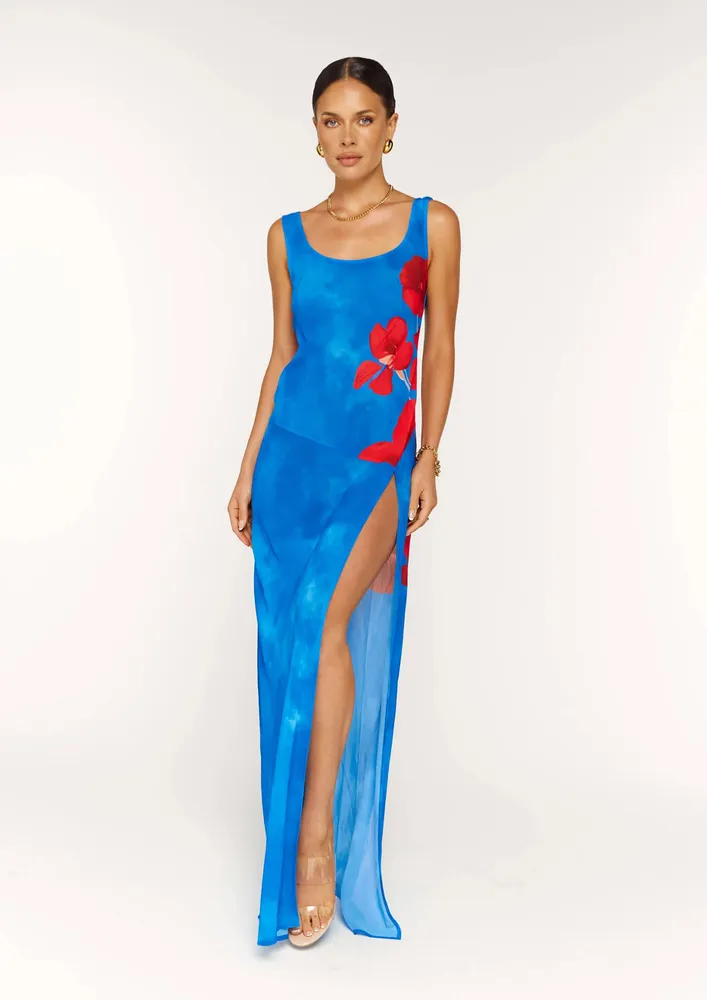 Floral Print Backless Slit Blue Dress