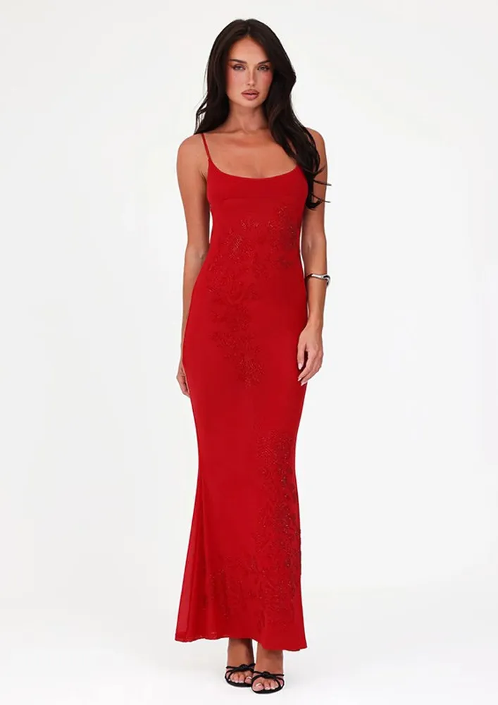Red Sequin Detail Backless Maxi Dress
