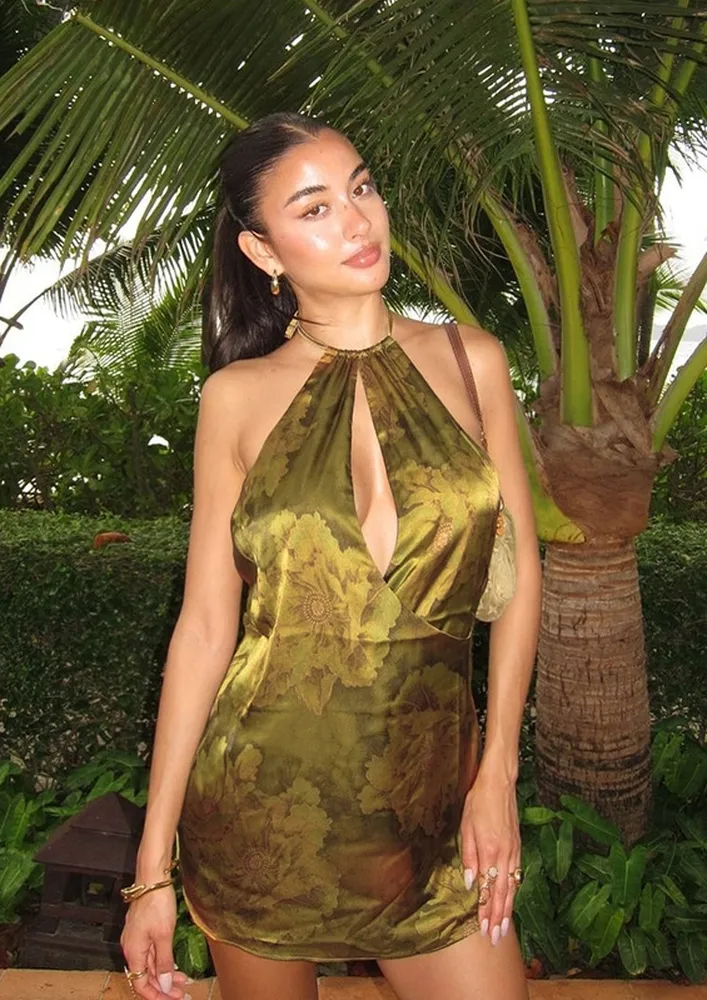 Green Printed Tie-up Halter Dress