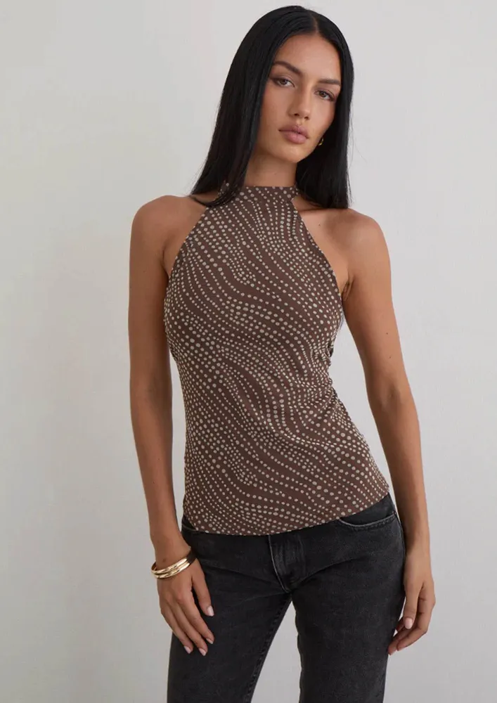 Brown Halter Neck Polka Dot Backless Top