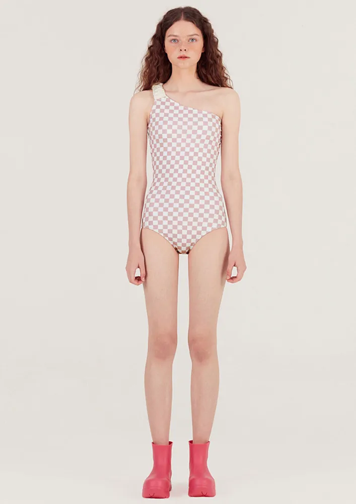 Checkerboard Pattern One-shoulder Swimsuit