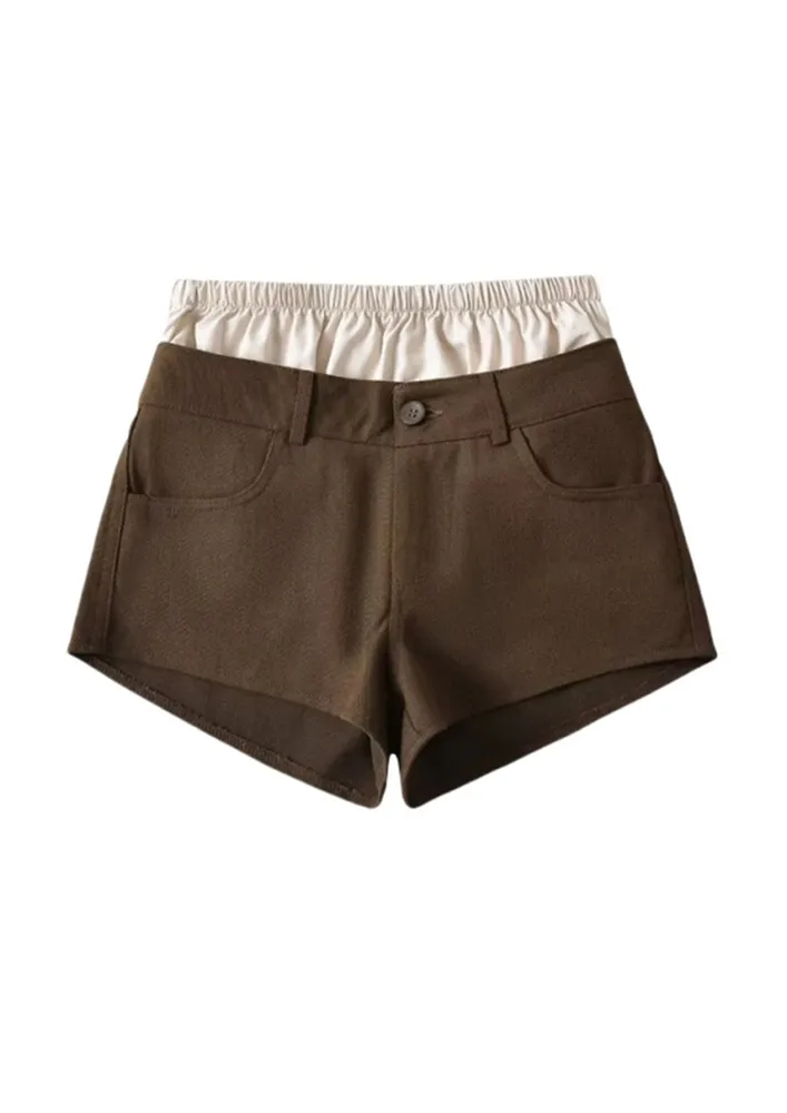 BROWN CONTRAST-WAISTBAND HOTPANTS