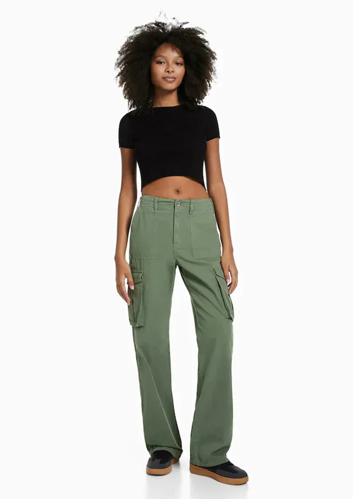 Green Straight Fit Low-rise Cargo Pants