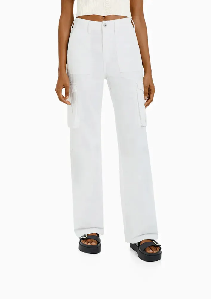 White Straight Fit Low-rise Cargo Pants