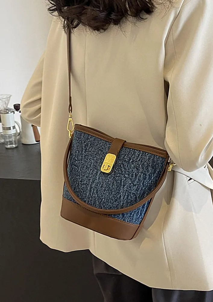 DARK BLUE THIN FLAP FRONT BUCKET BAG