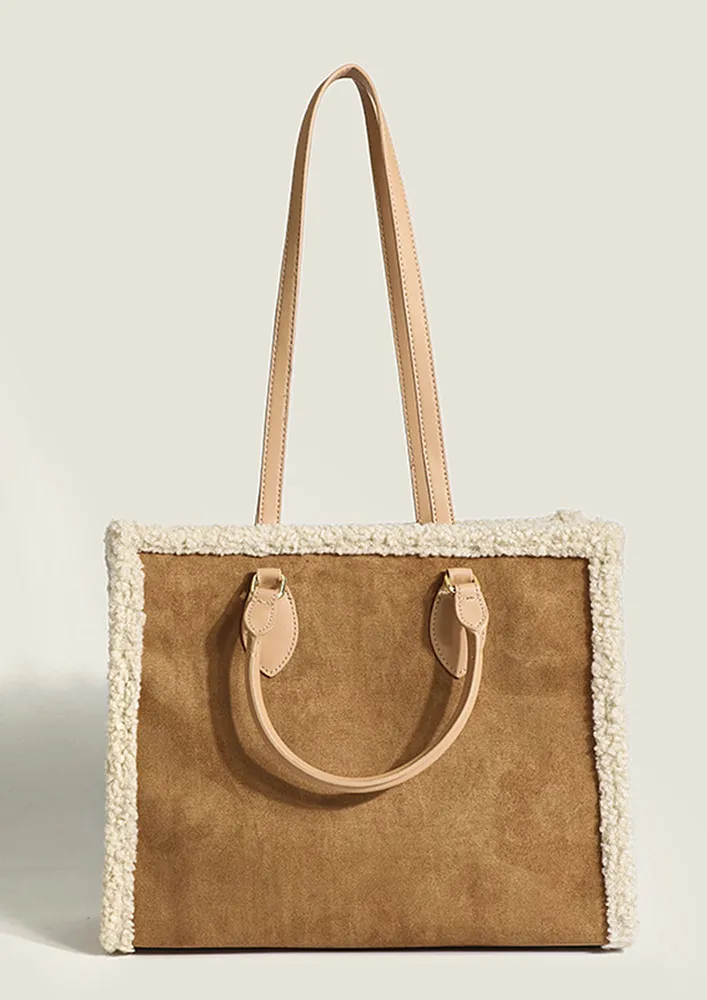 BROWN TEDDY FUR DETAIL TOTE BAG