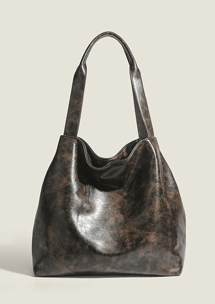 BROWN TEXTURED DOUBLE STRAPS SHOULDER BAG