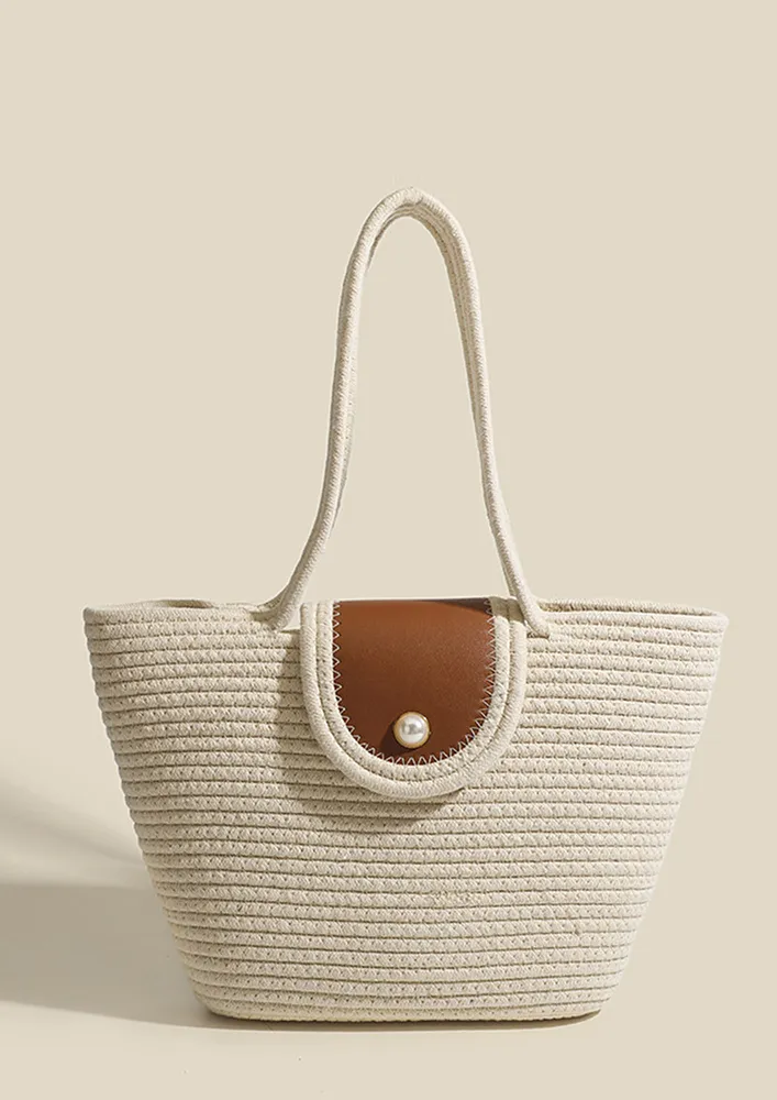 BEIGE TEXTURED GEOMETRIC BEACH TOTE BAG