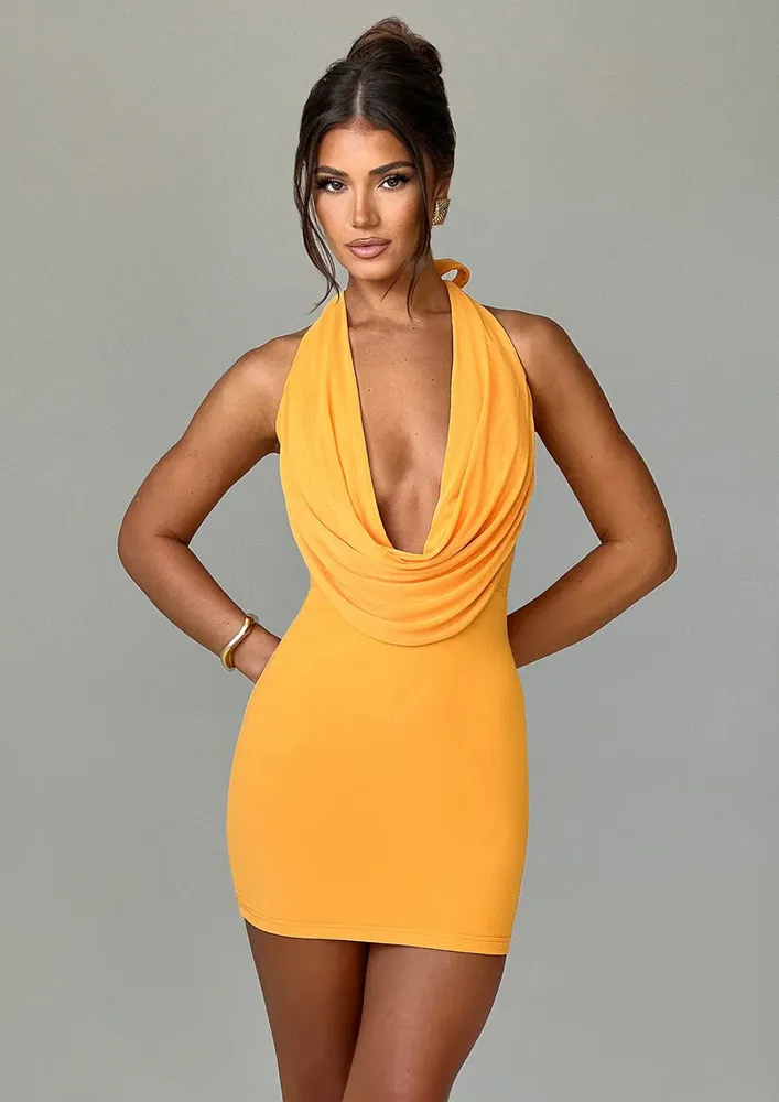 Orange Halter Draped Dress