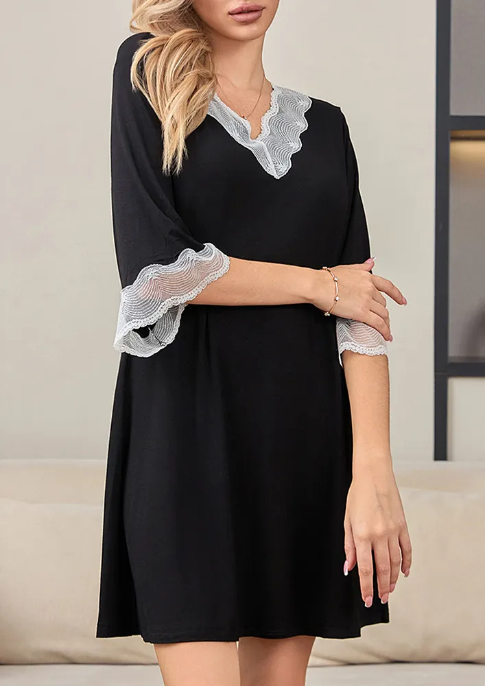 Contrast Lace Trim Black V-neck Nightdress