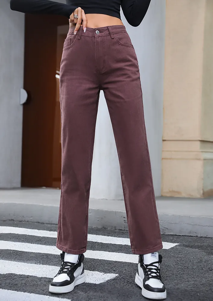 Brown Ankle-length Straight Jeans