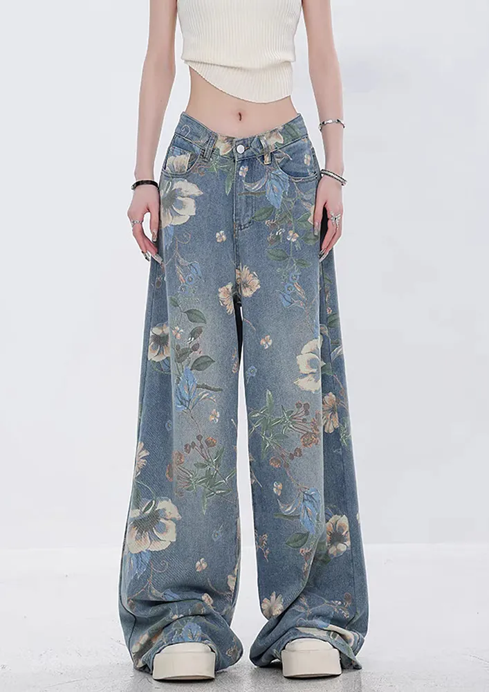 Floral Pattern Mid Wash Jeans 