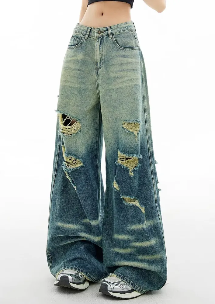 Low-rise Blue Wide Distressed Jeans
