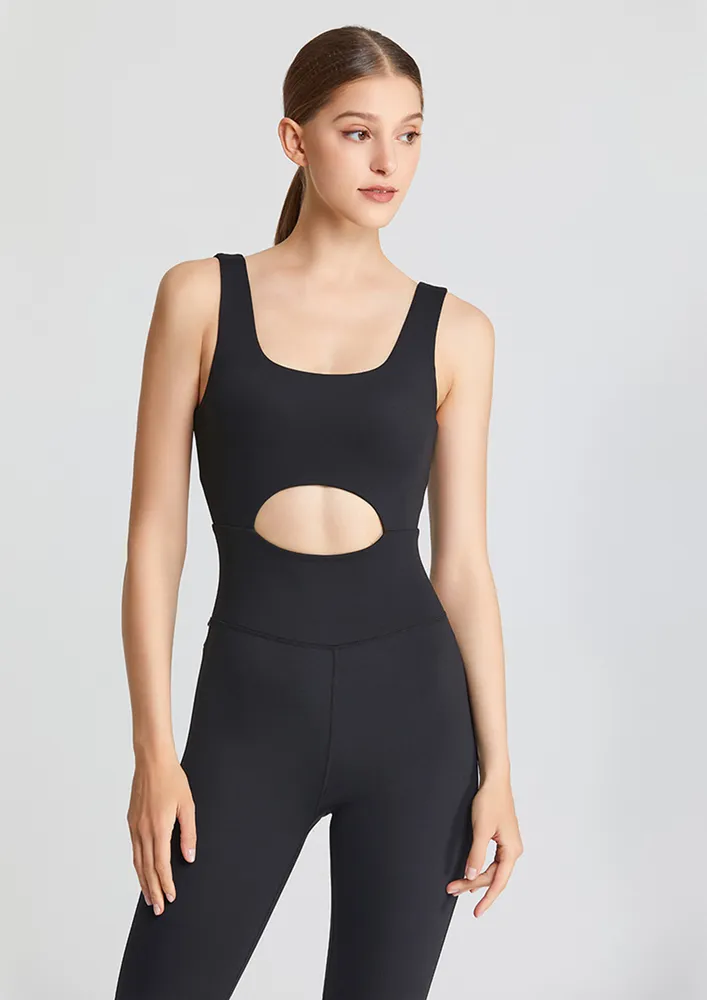 Black Deep V-cut Back Athleisure Jumpsuit