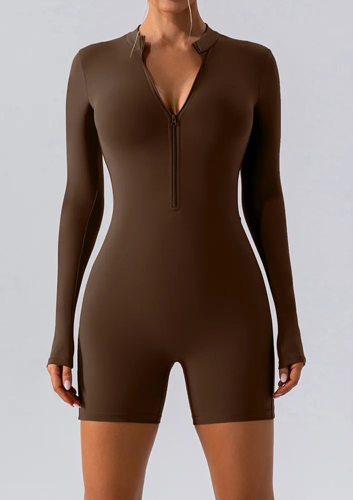 Brown Zip-through Seamless Sports Playsuit