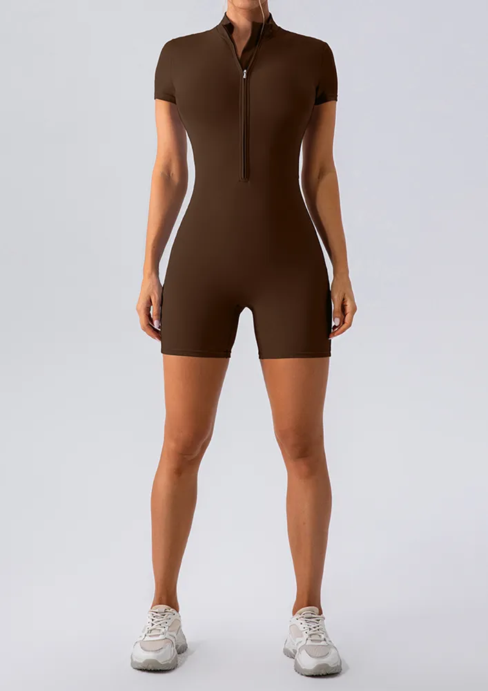 Dark Brown Seamless Zip-through Playsuit