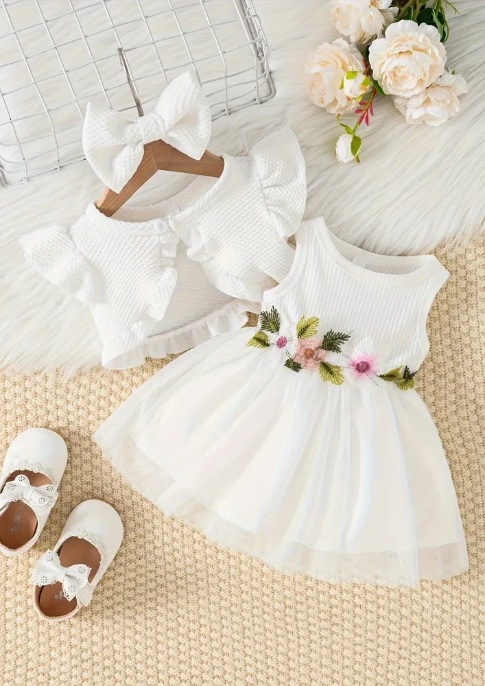 Girls White 2pc Co-ord Set W/ Bow